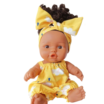 845261 LALKA BOBAS CIEMNOSKÓRA WŁOSY AFRO ŻÓŁTE UBRANKO
