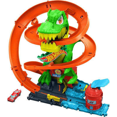 JBM73 HOT WHEELS REMIZA T-REXA ZAKRĘCONY TOR Z DINOZAUREM
