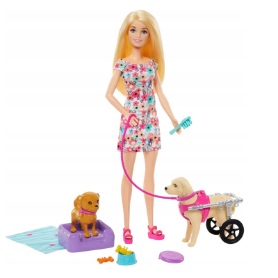 HTK37 LALKA BARBIE I PIESEK NA WÓZKU OPIEKUNKA ZWIERZĄT