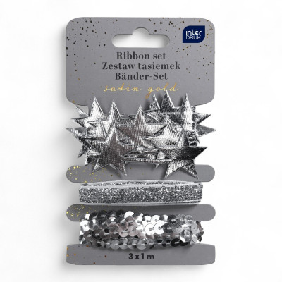 376657 TAŚMA TASIEMKI OZDOBNE AKSAMITNE SREBRNE GWIAZDKI 3 X 1M WSTĄŻKA