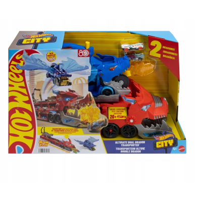 JBM72 HOT WHEELS DUŻY TRANSPORTER AUTEK 2w1 PODWÓJNY SMOK + 2 AUTKA