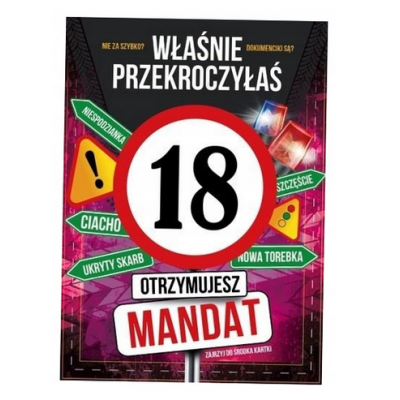798416 KARTKA KARNET 18 URODZINY WŁAŚNIE PRZEKROCZYŁEŚ 18 MANDAT