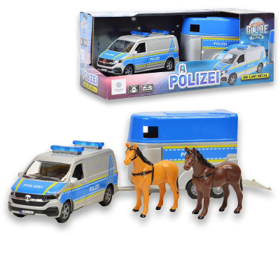 505342 POJAZD POLICJA Z PRZYCZEPĄ DO PRZEWOZU ZWIERZĄT FIGURKI KONIE