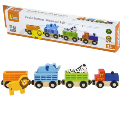 508227 DREWNIANY POCIĄG ZE ZWIERZĄTKAMI 3 WAGONY LEW ZEBRA SŁOŃ