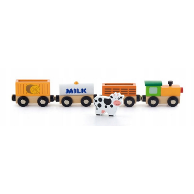 508210 DREWNIANY POCIĄG FARMA 3 WAGONY FIGURKA KRÓWKA