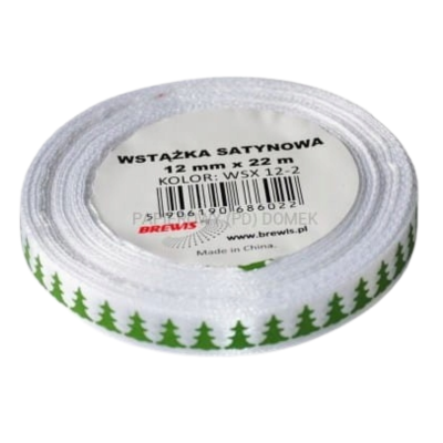 686022 TAŚMA SATYNOWA WSTĄŻKA ŚWIĄTECZNA BIAŁA CHOINKI 22M X 1,2CM