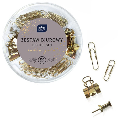 346384 ZESTAW BIUROWY 120 EL SATIN GOLD PINEZKI SPINACZE INTERDRUK